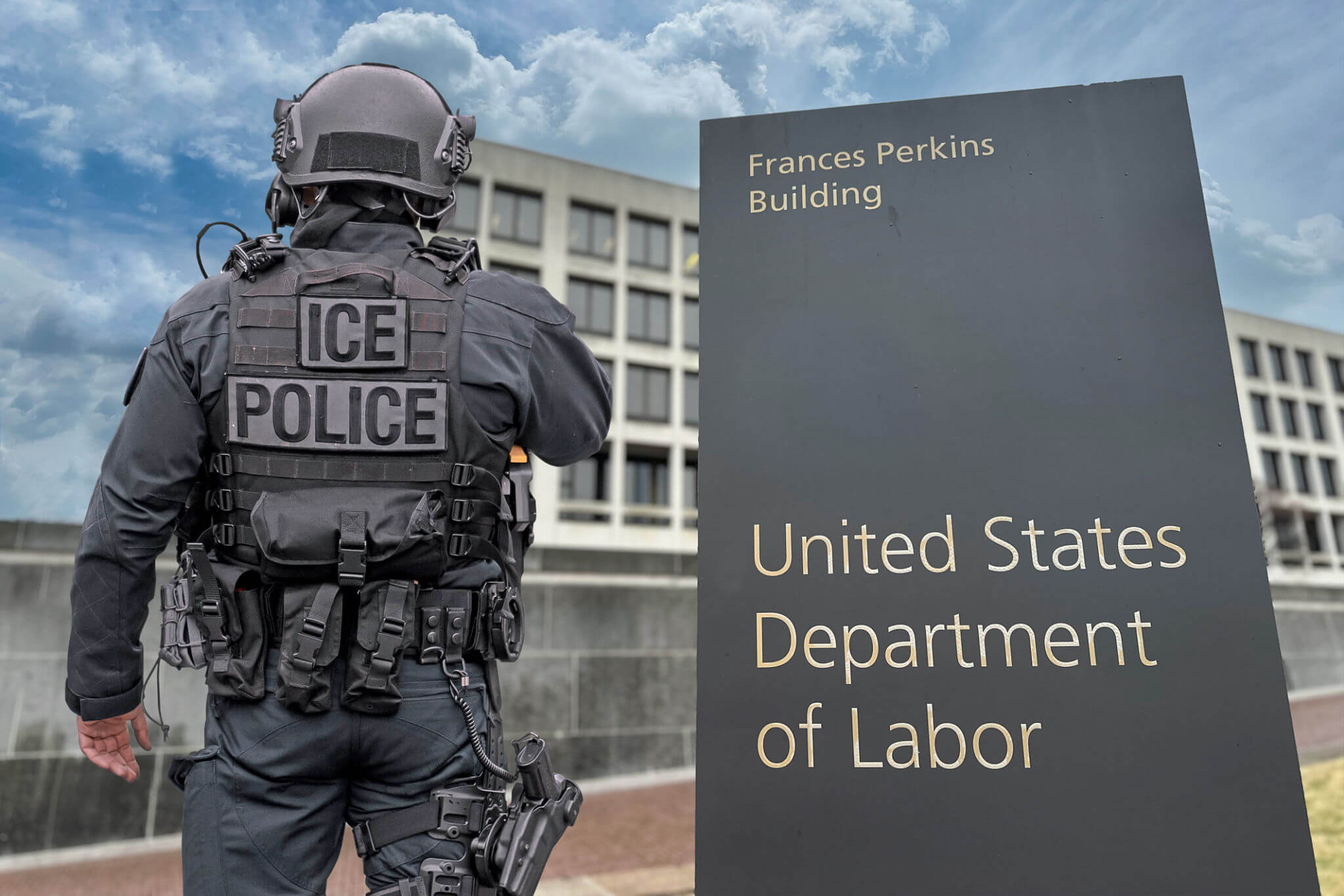 Police standing by government building sign